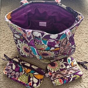 Vera Bradley Purple Quilted Floral Tote with Turquoise & Yellow Accents